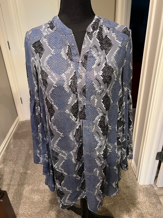 Buddy Love Tops - Buddy Love Blue, Black and White Patterned Button-Front Tunic